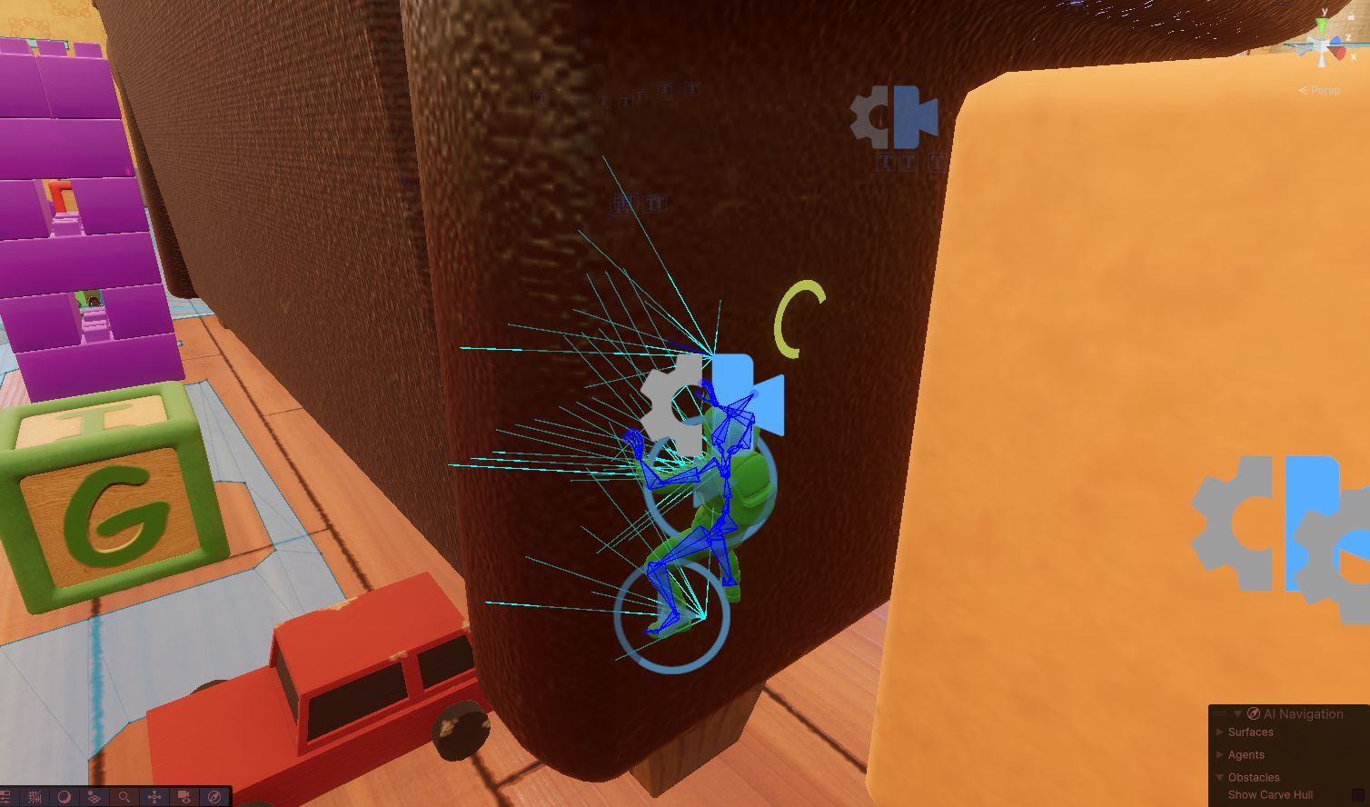 The unity editor showing the debug rays for the climbing cones