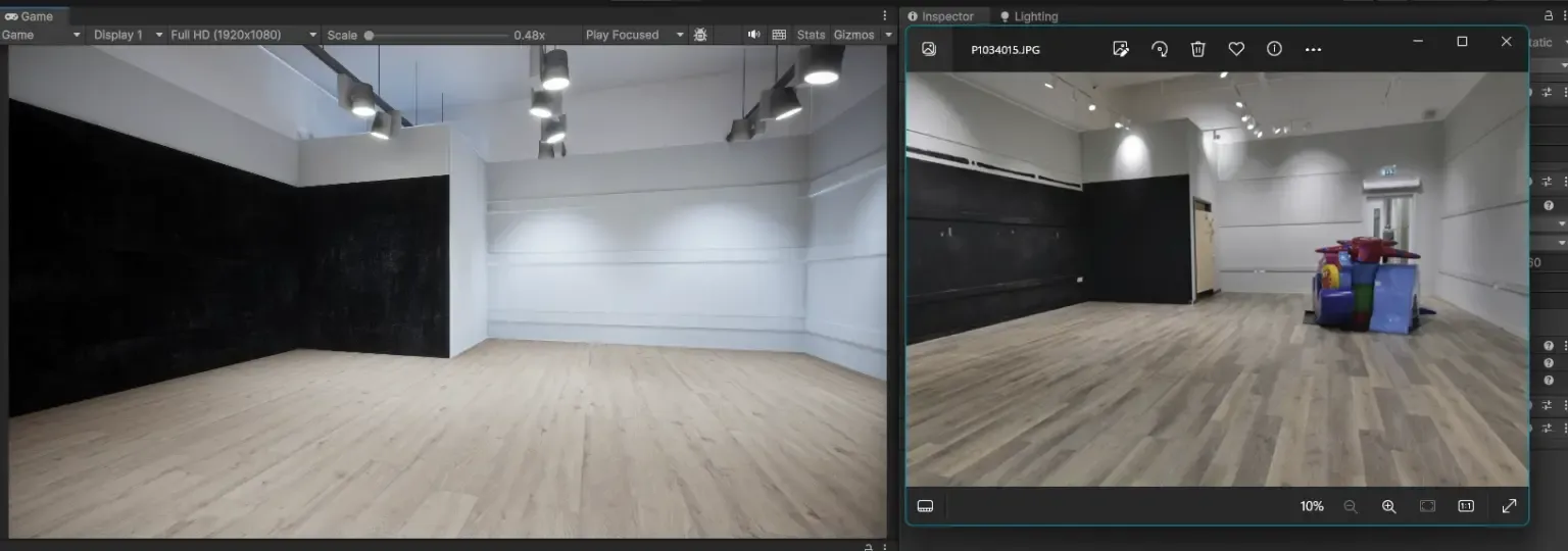 A side by side comparison between unity and a photo